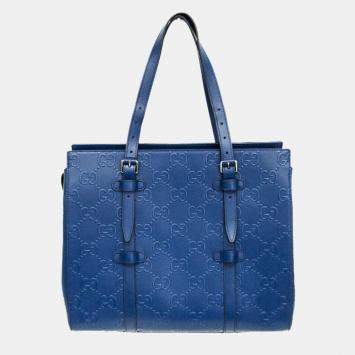 Gucci Blue GG Embossed Tote Leather Tote Bag 