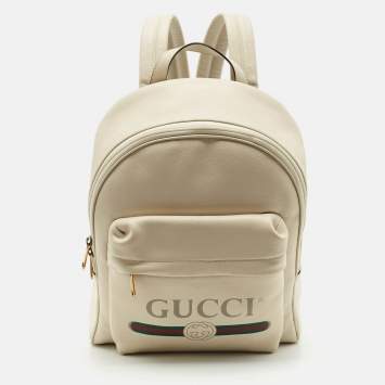 Gucci Off White Leather Logo Print Backpack