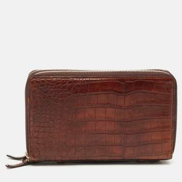Gucci Brown Crocodile Double Zip Around Travel Wallet