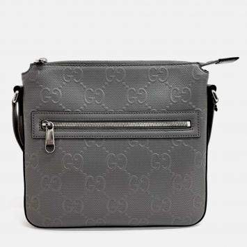Pre Owned Gucci Grey Leather GG Embossed Messenger Crossbody Bag
