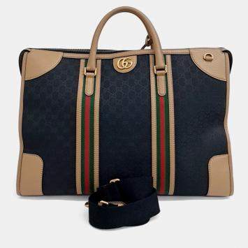 Pre Owned Gucci Black Brown Fabric GG Jacquard Duffel Bag