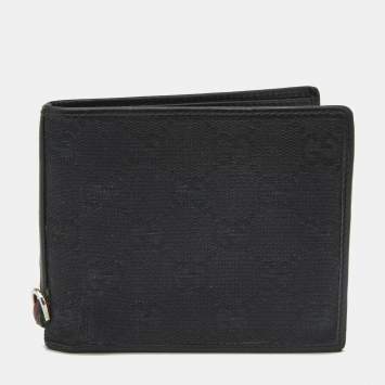Pre Owned Gucci Black GG Canvas and Leather Web Bifold Wallet