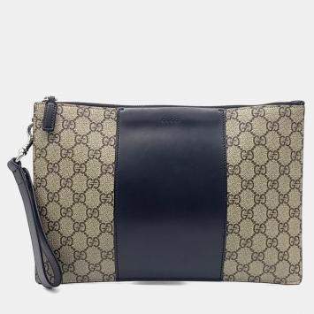 Pre Owned Gucci Beige Black Leather and PVC Gg Supreme Clutch
