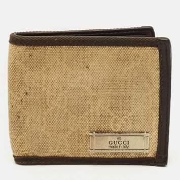 Pre Owned Gucci Logo Brown/Cream GG Canvas and Leather Bifold Wallet