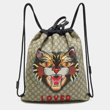 Pre Owned Gucci Angry Cat Beige/Black GG Supreme Canvas and Fabric Drawstring Backpacks