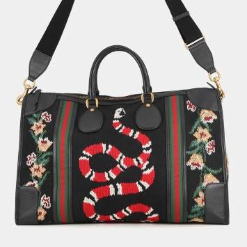 مملوكة مسبقًا Gucci Cherie Line Snake Travel Bag Black/Beige Canvas Leather