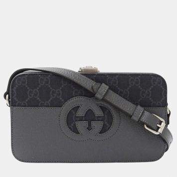 Pre Owned Gucci Shoulder Bag With Cutout Interlocking G Gg Supreme Design In Black And Gray Small Mini Bag
