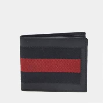 Pre Owned Gucci Web Navy Blue Canvas and Leather Bifold Wallet