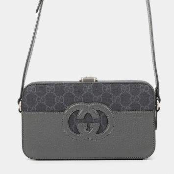 Pre Owned Gucci Cutout Interlocking G Shoulder Bag Gray/Black Gg Supreme Leather