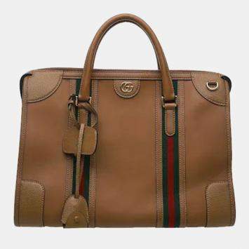 Pre Owned Gucci Bauletto Large Brown Smooth Leather Duffle Bag