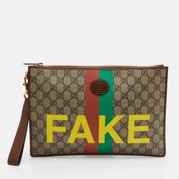 Pre Owned Gucci Interlocking GG Patch Beige/Brown GG Supreme Canvas and Leather "Fake/Not Fake" Pouch