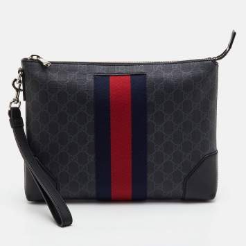 Pre Owned Gucci Black GG Supreme Canvas and Leather Web Zip Pouch