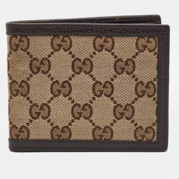 Pre Owned Gucci Beige/Brown GG Canvas and Leather Bifold Wallet