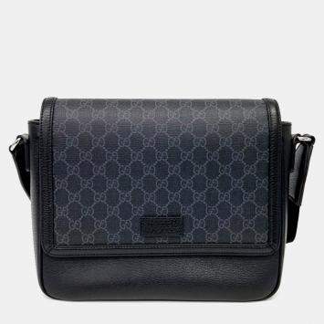 Pre Owned Gucci Black Grey Canvas and Leather Medium GG Crossbody Bag (795459)