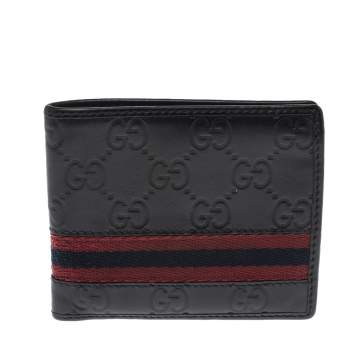 Pre Owned Gucci Black Guccissima Leather Web Bifold Wallet
