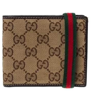 Pre Owned Gucci Beige/Brown GG Canvas and Leather Web Bifold Wallet