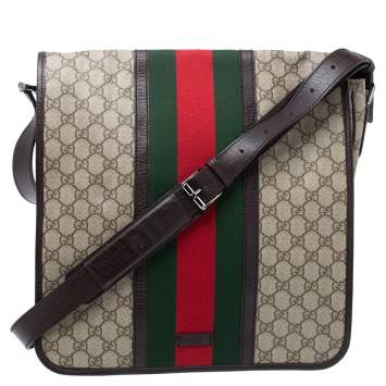 Pre Owned Gucci Beige/Brown GG Supreme Canvas and Leather Web Messenger Bag