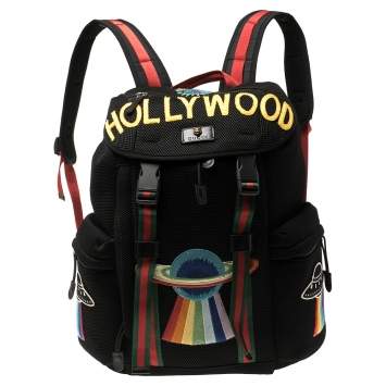 Pre Owned Gucci Black Mesh Fabric Hollywood Embroidered Backpack