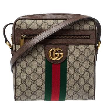 Pre Owned Gucci Brown/Beige GG Supreme Canvas and Leather Small Ophidia Messenger Bag
