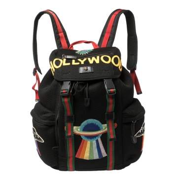 Pre Owned Gucci Black Mesh Fabric Hollywood Embroidered Backpack