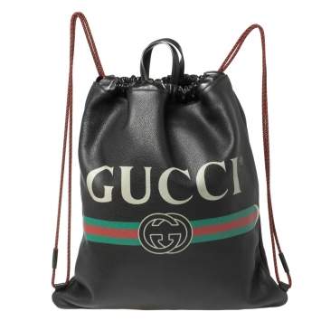 Pre Owned Gucci Black Soft Grain Leather Logo Drawstring Backpack