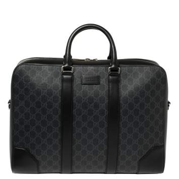 Pre Owned Gucci Black/Grey GG Supreme Canvas and Leather Large Briefcase