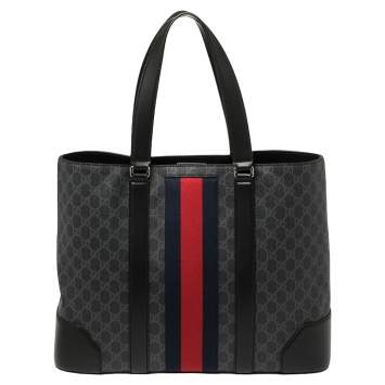 Pre Owned Gucci Black/Grey GG Supreme Canvas and Leather Web Tote 