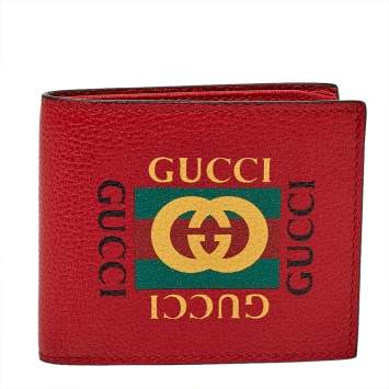 Pre Owned Gucci Red Leather Logo Bifold Wallet