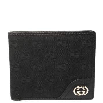 Pre Owned Gucci Black Leather and Canvas Interlocking G Bifold Wallet