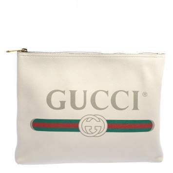 Pre Owned Gucci White Leather Logo Print Zip Pouch