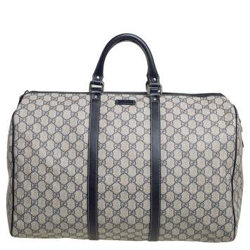Pre Owned Gucci Navy Blue GG Supreme Canvas Leather Medium Carry On Duffle Bag