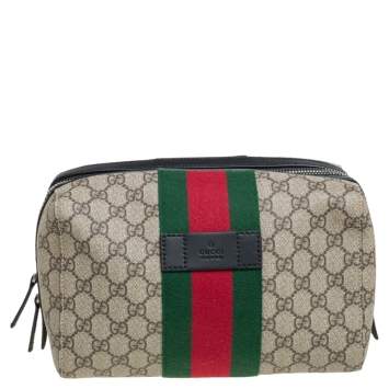 Pre Owned Gucci Black/Beige GG Supreme and Leather Web Toiletry Pouch