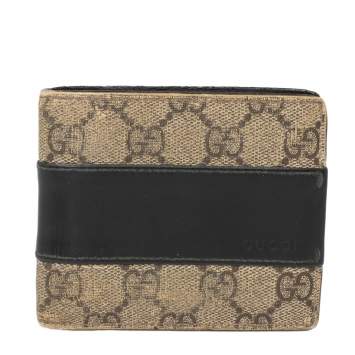 Pre Owned Gucci Black/Beige GG Supreme and Leather Bifold Wallet