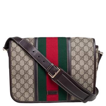 Pre Owned Gucci Brown/Beige GG Supreme Canvas and Leather Web Detail Messenger Bag