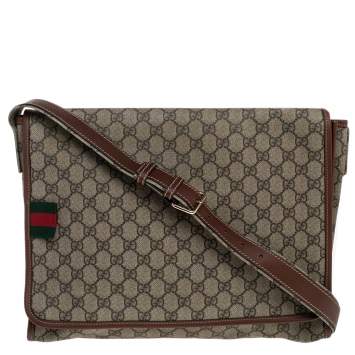 Pre Owned Gucci Beige/Brown GG Supreme Canvas and Leather Web Messenger Bag