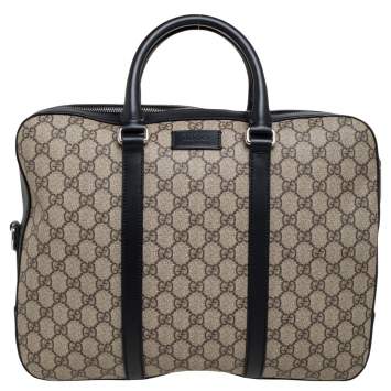 Pre Owned Gucci Black/Beige GG Supreme and Leather Briefcase