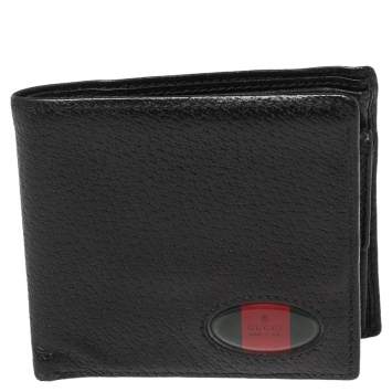 Pre Owned Gucci Black Grained Leather Web Logo Bifold Wallet