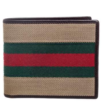 Pre Owned Gucci Brown Leather and Canvas Web Bifold Wallet