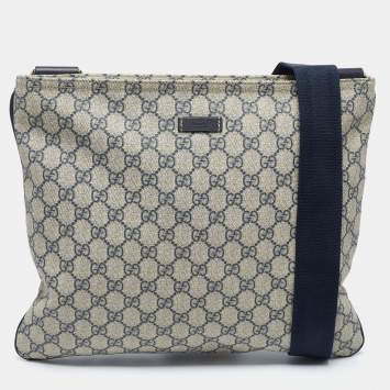 Pre Owned Gucci Navy Blue/Beige GG Supreme Canvas Top Zip Messenger Bag