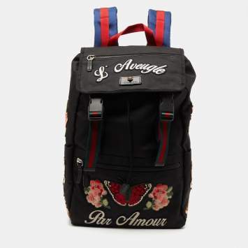 Pre Owned Gucci Black Canvas Embroidered Backpack 