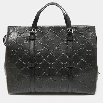Pre Owned Gucci Black Perforated GG Embossed Leather Tote