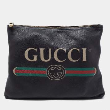 Pre Owned Gucci Black Leather Logo Print Zip Pouch