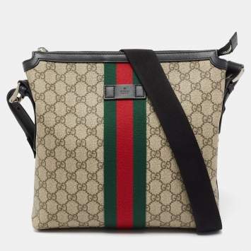 Pre Owned Gucci Beige/Black GG Supreme Canvas And Leather Web Messenger Bag