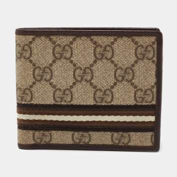 Pre Owned Gucci Beige GG Supreme Canvas and Leather Web Bifold Wallet