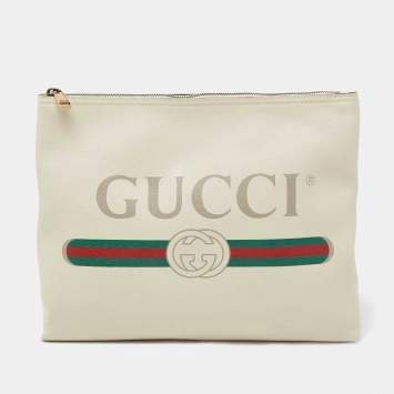 Pre Owned Gucci White Leather Logo Print Zip Pouch