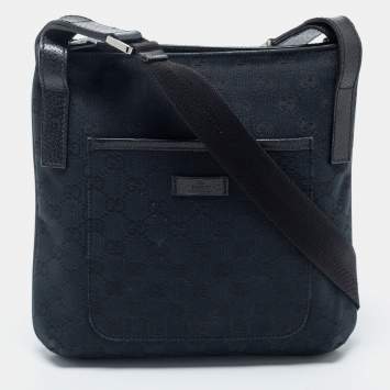Pre Owned Gucci Black GG  Canvas And Leather Flat Messenger Bag