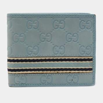Pre Owned Gucci Blue Guccissima Leather Web Bifold Wallet