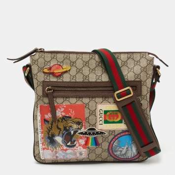Pre Owned Gucci Beige/Brown Embroidered GG Supreme Canvas Medium Courrier Flat Messenger Bag