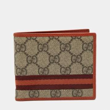 Pre Owned Gucci Beige/Orange GG Supreme Canvas Web Bifold Wallet