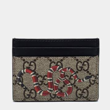 Pre Owned Gucci Beige/Black GG Supreme Canvas and Leather Kingsnake Card Holder